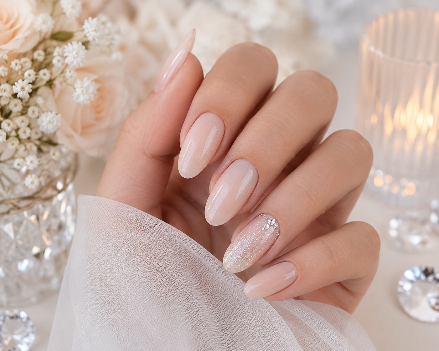 Bridal nails with a subtle glitter accent