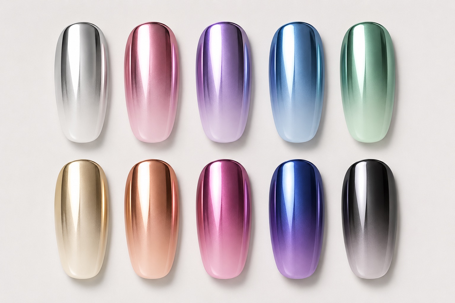 Chrome ombré nails in a range of metallic shades