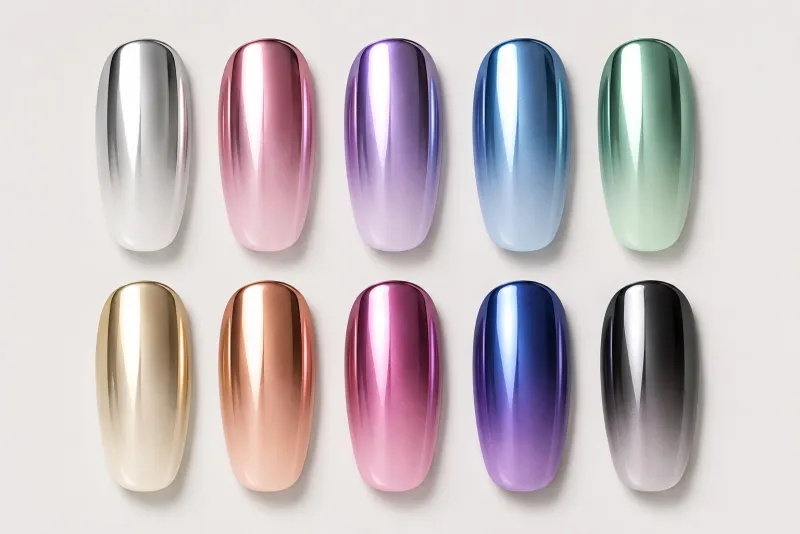 Chrome ombré nails in a range of metallic shades