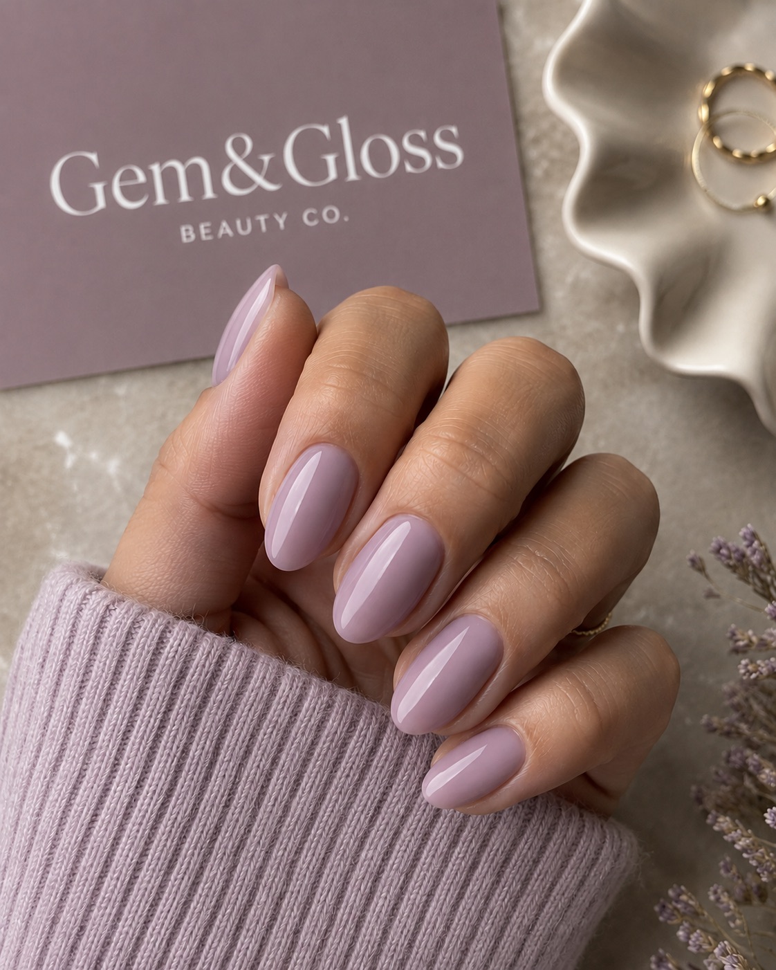 Glossy lilac BIAB overlay almond nails