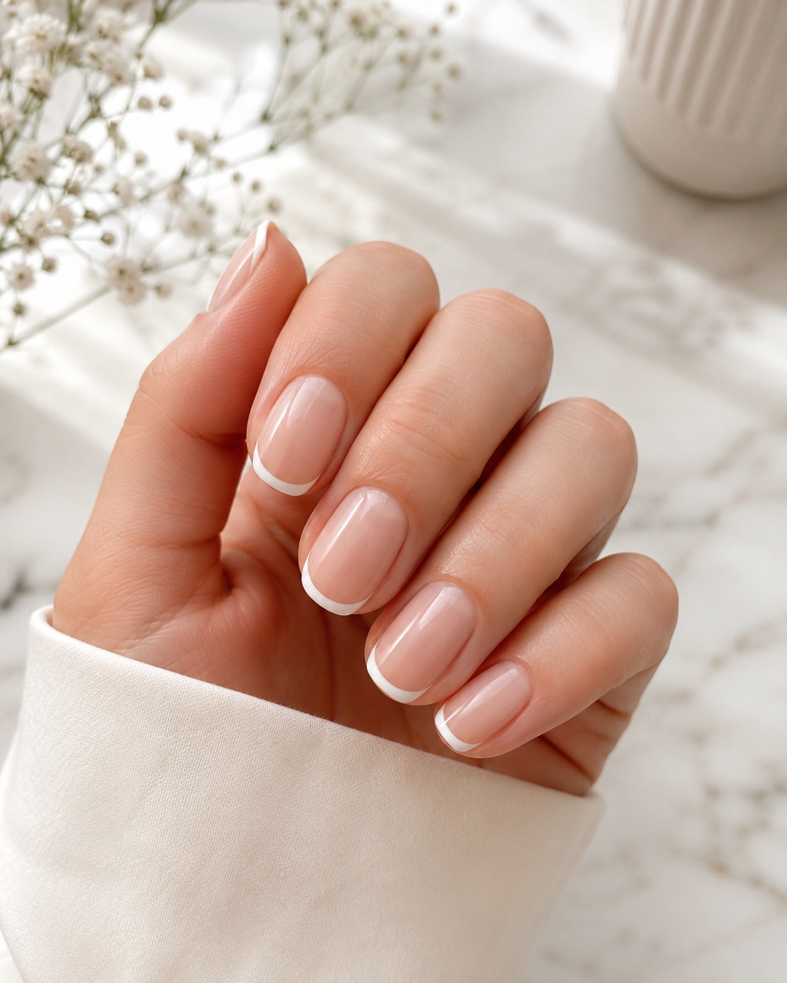 Delicate soft French manicure on natural nails