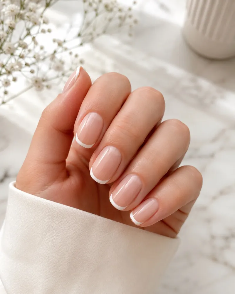 Delicate soft French manicure on natural nails