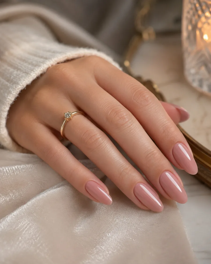Glossy nude almond nails, a finished set by Gem&Gloss
